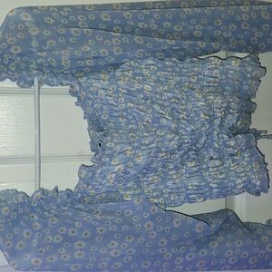 Rue21 Light Blue and White Smocked Top with Blue Stripe Detail